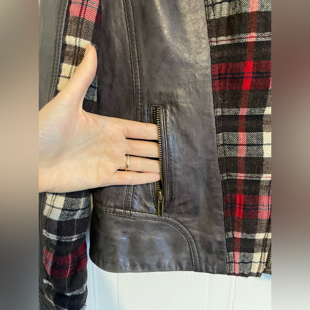 Betty Barclay Size 4 Leather & Plaid Wool Moto Jacket Mixed Media European - Picture 5 of 16